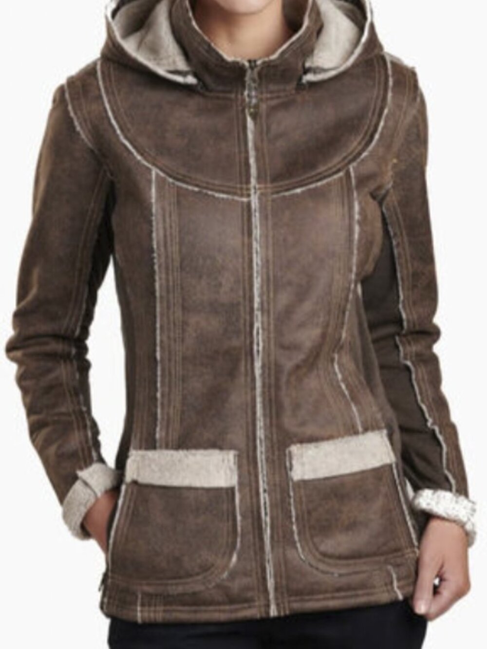 Kuhl Dani Brown Faux Leather Sherpa Lined Jacket w/detachable hood - Women's XS